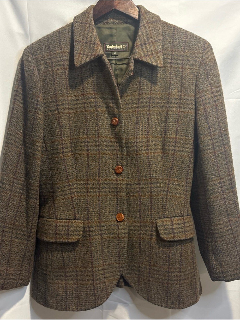 Timberland Women's Olive Brown Plaid Wool Jacket